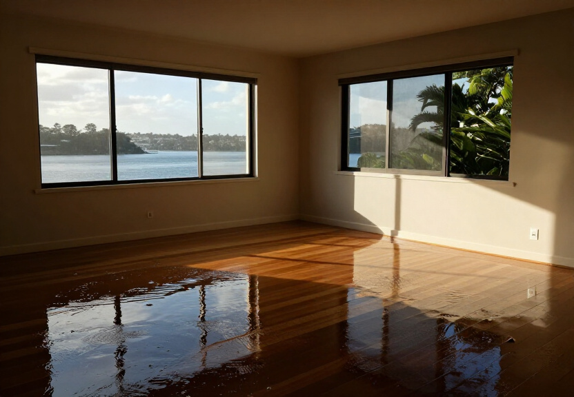 Flood damaged living room in Ashfield before restoration